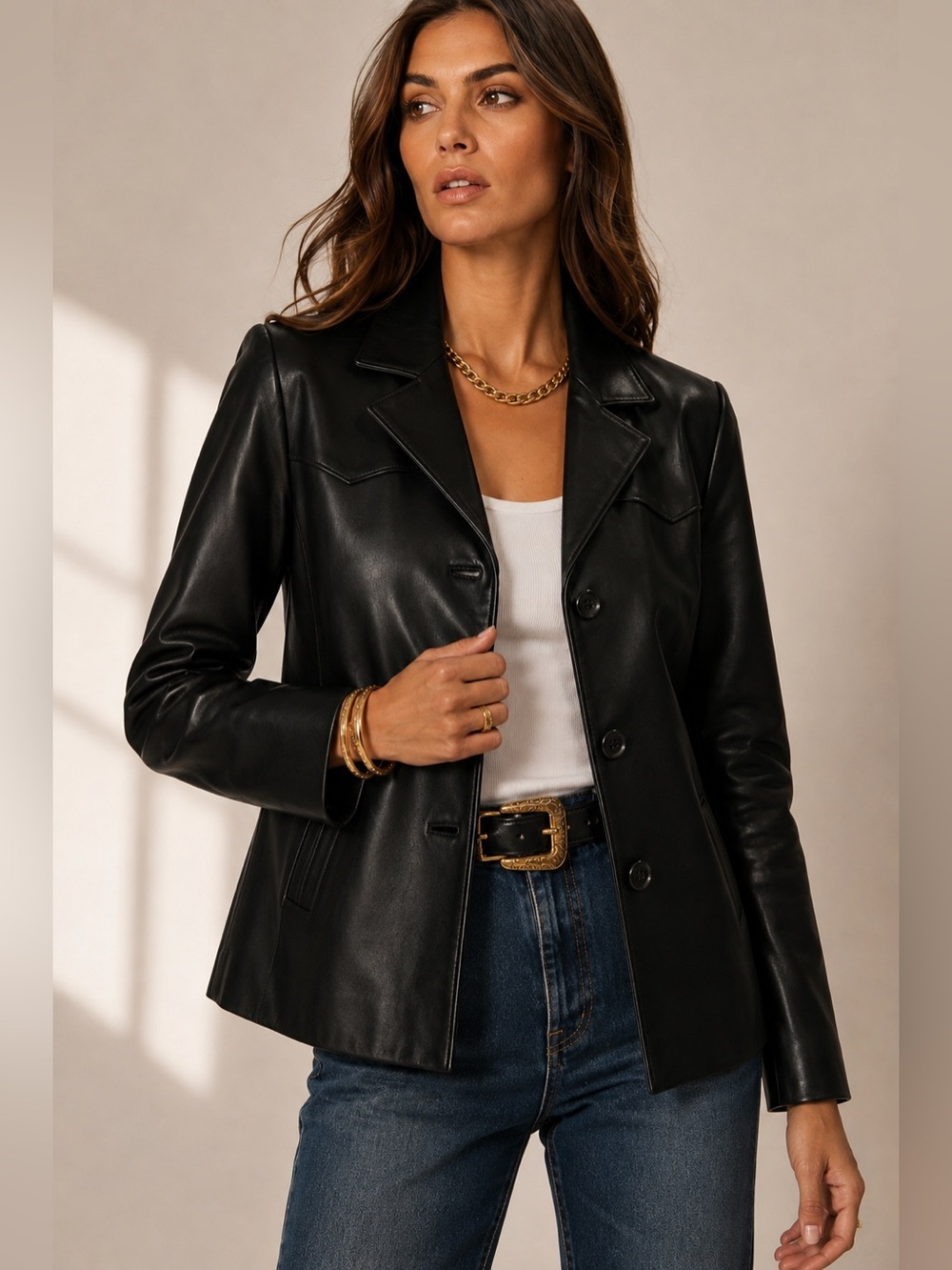 Banana republic western inspired Black genuine Leather Button-Front Jacket